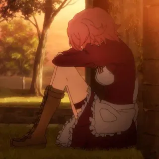 😭 22f6f7ed anime, chica, triste, sentada, exterior, jardín telegram sticker