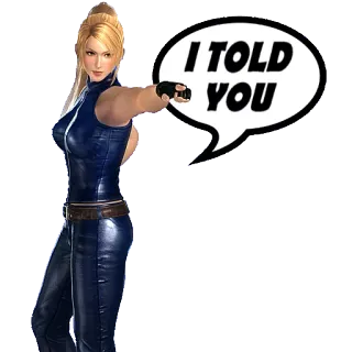 👈 58f2bcbf I TOLD YOU kobieta, wskazująca, dymek, niebieski garnitur, blondynka, postać z gry wideo telegram sticker