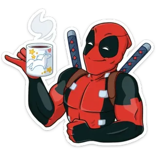 ☕️ c442fb18 Deadpool 死侍, 漫威, 超级英雄, 咖啡, 独角兽, 剑, 卡通 telegram sticker