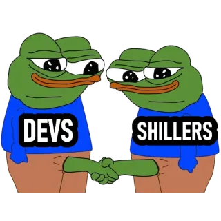 👒 232208f8 Pepe the Frog DEVS SHILLERS pepe, żaba, programiści, naganiacze, mem internetowy, współpraca, uścisk dłoni telegram sticker
