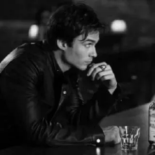 ▪️ 767ea52b Damon Salvatore The Vampire Diaries pria, aktor, berpikir, hitam putih, Ian Somerhalder, vampir, alkohol telegram sticker