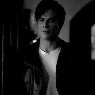 ▪️ 9eaaa3b3 Damon Salvatore The Vampire Diaries vampir, acara TV, supranatural, drama, hitam putih, karakter, Damon telegram sticker
