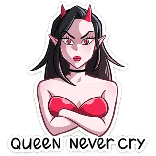 😈 09c1dc69 QUEEN Never cry setan, ratu, tanduk, kartun, wanita, gadis telegram sticker