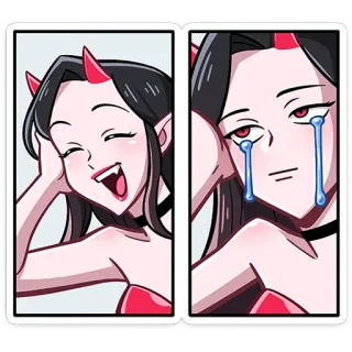 😢 198e7af6 iblis, setan, gadis, emosi, menangis, tersenyum, tanduk, imut, anime telegram sticker