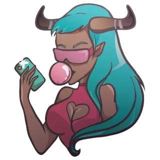 😎 b1d8f97e cartoon, woman, elf, bubblegum, cellphone, horns, fantasy telegram sticker