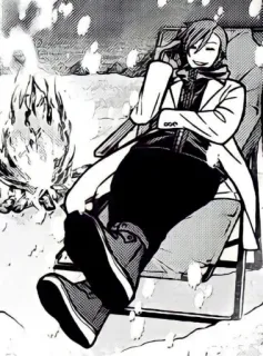 🛏 f62c433b 男人, 火, 坐着, 椅子, 户外, 服装, 卡通 telegram sticker