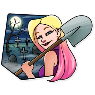 😏 2c74a852 femme, pelle, cimetière, lune, croix, rip, nuit, autocollant telegram sticker