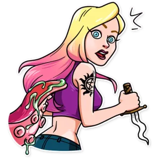 😨 63e9f0fc femme, tentacule, couteau, tatouage, blonde, cheveux roses, monstre, horreur telegram sticker