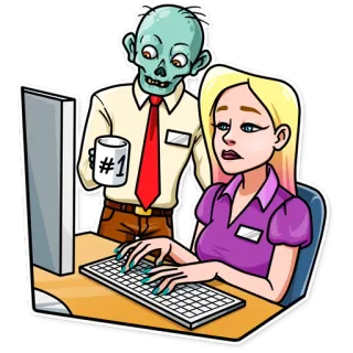😑 84ce9386 #1 zombie, bureau, travail, ordinateur, dessin animé, humour, lieu de travail telegram sticker