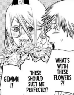 💐 261c9790 GIMME!! THESE SHOULD SUIT ME PERFECTLY! WHAT'S WITH THESE FLOWERS?! Animé, Fleurs, Bulle de dialogue, Manga, Joyeux, Excité telegram sticker