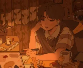 💫 149ca713 chico, arte digital, estudiando, noche, acogedor, lámpara, cafetería telegram sticker