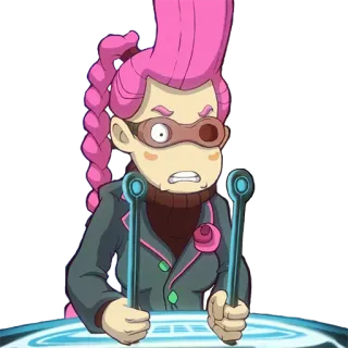 😖 65389ce9 personaje de dibujos animados, científico, pelo rosa, gafas protectoras, estilo anime telegram sticker