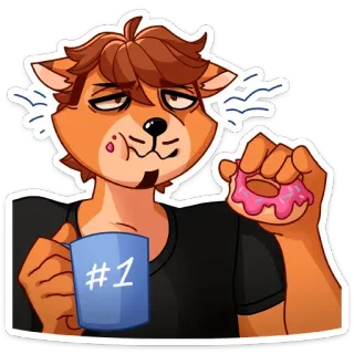 🍩 cc98b70f #1 fuchs, erschöpft, donut, kaffee, cartoon, aufkleber, müde, entspannen telegram sticker