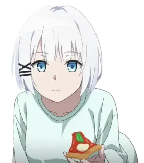 🍕 6c09615e gadis anime, rambut putih, mata biru, pizza, imut, kartun, stiker telegram sticker