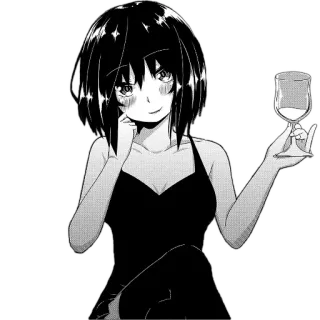 🍷 1950c43b Anime, Manga, Wanita, Gaun, Gelas anggur, Hitam putih whatsapp sticker