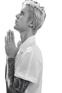 😇 d7677794 Justin Bieber person, musician, singer, celebrity, portrait, black and white, male, praying telegram sticker