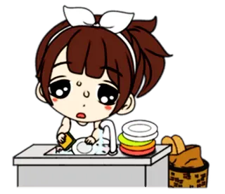 👸 45b62072 cartone animato, ragazza, lavare i piatti, lavandino, piatti, faccende domestiche, carino telegram sticker