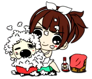 👸 767050e7 toelettatura cani, stile anime, cartone animato, ragazza con cane, bagno cane, carino, bolle di sapone telegram sticker