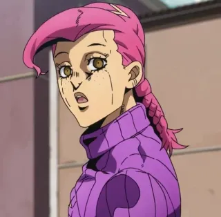 🐸 7ed121a5 Doppio JoJo's Bizarre Adventure anime, capelli rosa, trecce, personaggio, sorpreso telegram sticker