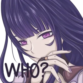 🤔 6e3584dc WHO? 애니메이션, 질문, 캐릭터, 보라색 머리, 능글, 여자 telegram sticker