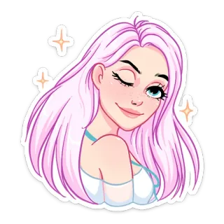 😉 77581291 femme, dessin animé, cheveux violets, paillettes, clin d'oeil, fille telegram sticker