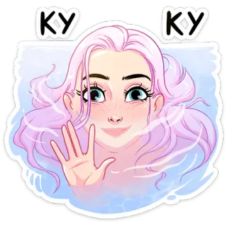👋 7d5217de KY KY fille, bain, eau, vague, cheveux roses, dessin animé telegram sticker