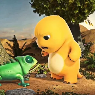 🧽 7fe8d8c2 cartoon, dinosaur, chameleon, reptile, yellow, green telegram sticker