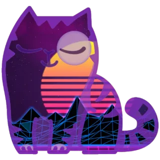 😌 061334fc chat, rétro, synthwave, années 80, montagnes, coucher de soleil, espace, dessin animé telegram sticker