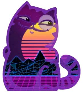 😏 745b5873 chat, rétro, vaporwave, violet, coucher de soleil, montagnes telegram sticker
