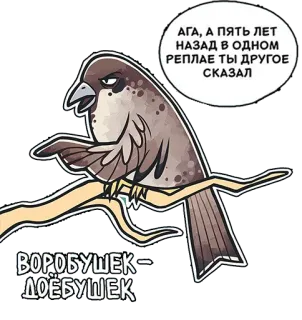 🤨 f8344177 ВОРОБУШЕК -
ДОЁБУШЕК
АГА, А ПЯТЬ ЛЕТ
НАЗАД В ОДНОМ
РЕПЛАЕ ТЫ ДРУГОЕ
СКАЗАЛ 鸟, 麻雀, 动物, 卡通, 文本, 俄语, 搞笑 whatsapp sticker