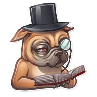 📚 c5d61af8 犬, パグ, シルクハット, モノクル, 本, 読書, 動物, かわいい whatsapp sticker