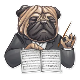 🎼 fea6c7d5 犬, パグ, 指揮者, 音楽, クラシック音楽, 楽譜, オーケストラ whatsapp sticker