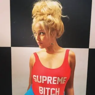 🐚 92e01103 SUPREME BITCH 泳衣, 红色, 文字, 金发, 肖像 telegram sticker