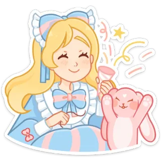 😃 41b8fd1b 动漫女孩, 可爱, 兔子, 彩带, 庆祝, 金发, 蓝色连衣裙 telegram sticker