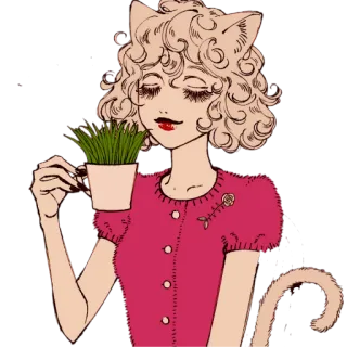 🍵 64805544 고양이 소녀, 네코, 애니메이션, 일러스트, 귀여운, 식물, 여자, 카와이 telegram sticker