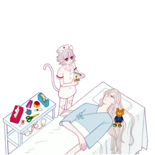 😷 8d25aff9 병원, 간호사, 환자, 애니메이션 스타일, 아픈, 의료, 고양이 소녀, 테디 베어 telegram sticker