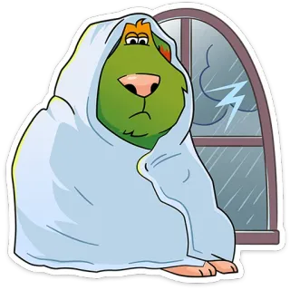 😔 b731ed99 verdrietig, regenachtig, storm, deken, cartoon, groen, raam telegram sticker
