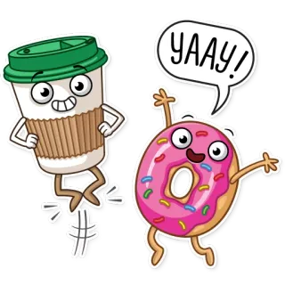 🤩 7e02bce8 YAAAY! café, donut, dibujo animado, comida, postre, celebración whatsapp sticker