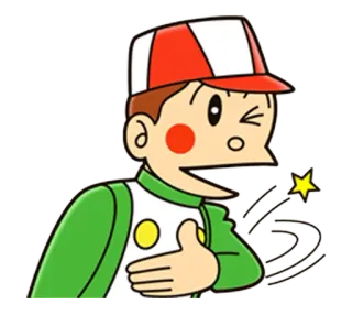😉 f418ac34 cartoon, star, boy, winking, green jacket, red and white hat telegram sticker