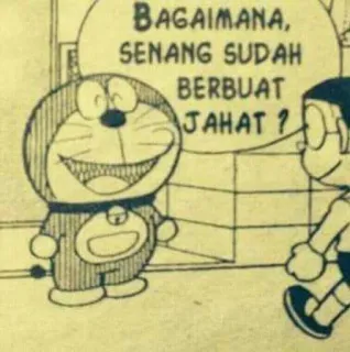 😄 6f303a74 Doraemon BAGAIMANA, SENANG SUDAH BERBUAT JAHAT ? doraemon, cartoon, anime, manga telegram sticker