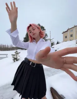 😇 0714b17f woman, pink hair, snow, skirt, winter, school uniform telegram sticker