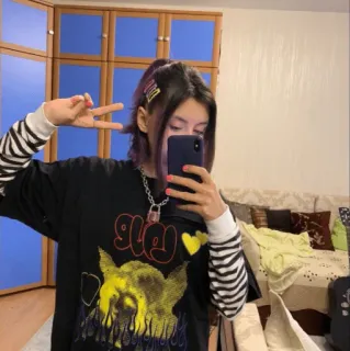 ✌ cc8a9a84 GLOW portrait, selfie, teenager, young woman, purple hair, GLOW, shirt, casual telegram sticker