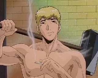 😎 fe375712 merokok, rokok, anime, karakter, pria, pirang, berotot telegram sticker