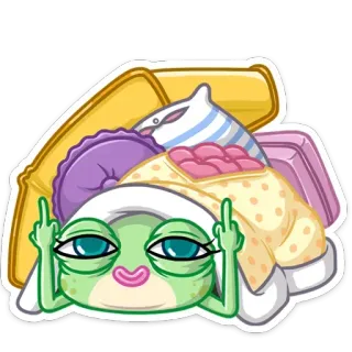🖕 007b6eec żaba, środkowy palec, obraźliwe, kreskówka, łóżko, poduszka, sen, obelga telegram sticker