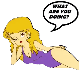 😙 bcb09efe WHAT ARE YOU DOING? Cartoon, Frau, Liegend, Frage, Blond, Sprechblase telegram sticker