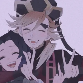 🦋 e6d997db Anime, Demon Slayer, Znak pokoju, Uśmiechnięty, Kreskówka, Postacie whatsapp sticker