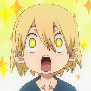 🤩 d4690eab Chrome Dr. Stone anime, sorpreso, scioccato, eccitato, capelli gialli, scintillante whatsapp sticker