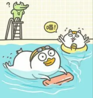 🐣 6542db20 喵! bơi lội, vịt, mèo, hoạt hình, hồ bơi, động vật, dễ thương telegram sticker