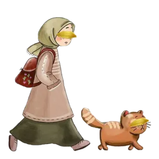 🐱 d55339f3 ผู้หญิง, แมว, เดิน, ฮิญาบ, ภาพประกอบ, การ์ตูน telegram sticker