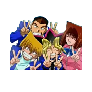 ✌️ 5415f2de ยูกิโอ, อนิเมะ, ตัวละคร, กลุ่ม, ยิ้ม, ชูสองนิ้ว telegram sticker